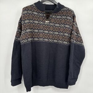 United Colors Of Benetton Men 1/4 Zip Wool Sweater Blue Fair Isles Size Large??‎